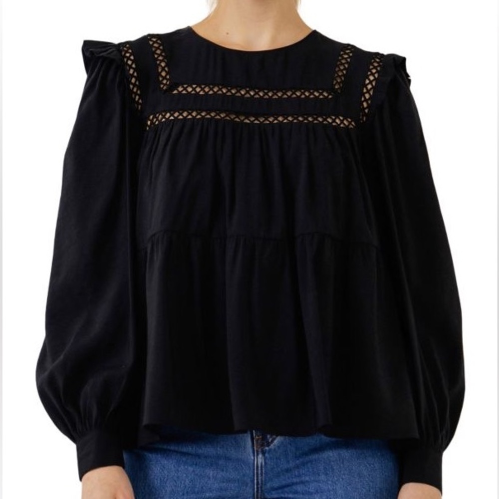 New English Factory Black Peaseant Ruffle Trim Blouse Small now in stores Saks